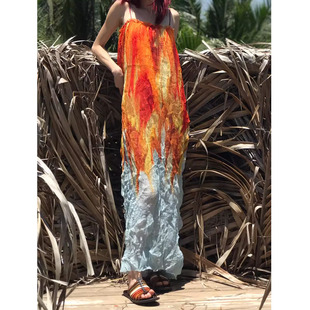 原创设计晕染褶皱纱吊带鱼尾裙2024新款气质高级感长款连衣裙子女