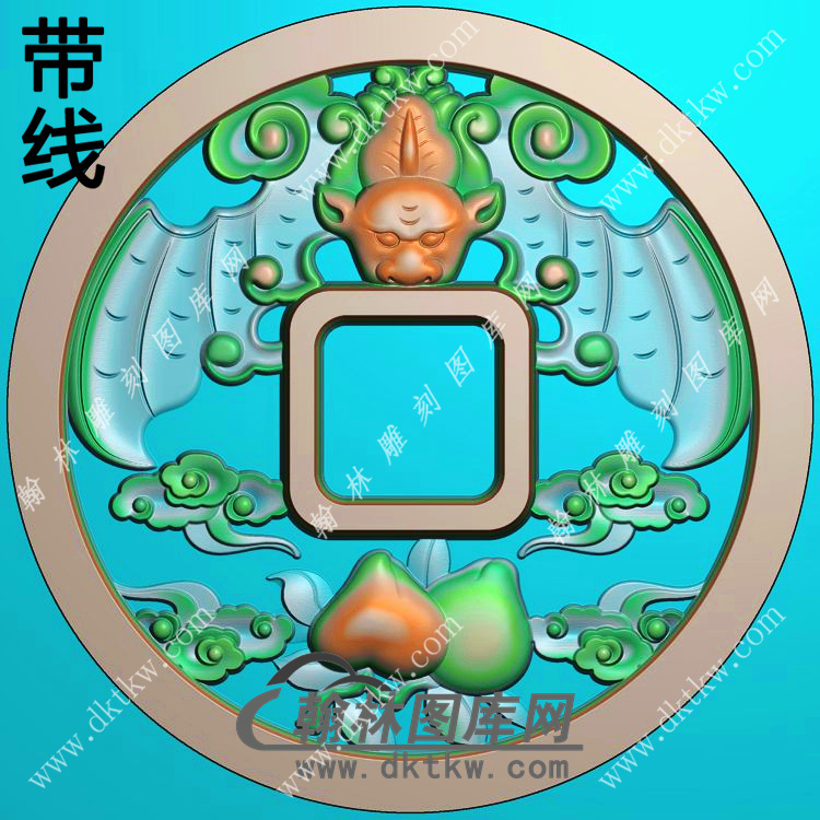 圆形蝙蝠寿桃挂件带线精雕图(bf-035)浮雕图灰度图jdp/bmp