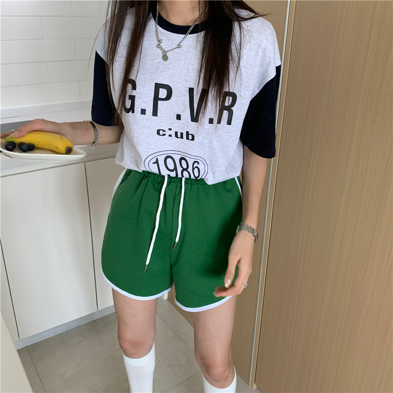 Real price ~ fashion simple character letter T-shirt + contrast drawstring wide leg casual shorts suit