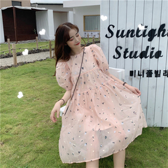 Real price ~ round neck retro back lace up skirt embroidery bubble sleeve versatile dress