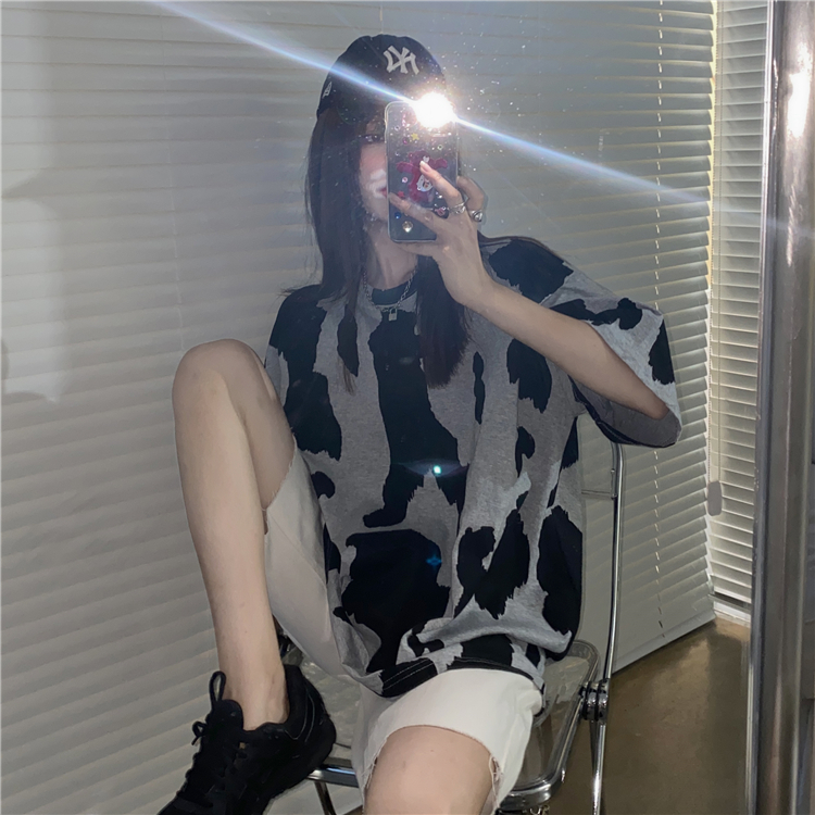 Real price ~ summer new trend personalized foreign style ink round neck half sleeve loose T-shirt