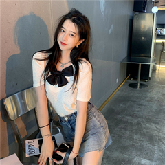 Real price ~ summer chic fashion color contrast bow shirt femininity versatile short sleeve top