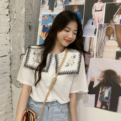 French Chic Vintage embroidered Lapel shirt women's versatile short sleeve Fashion Top