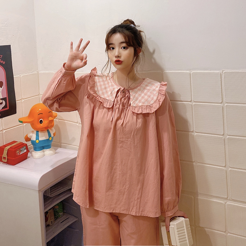 Real price ~ new chic simple pajamas Plaid Navy collar lace loose suit