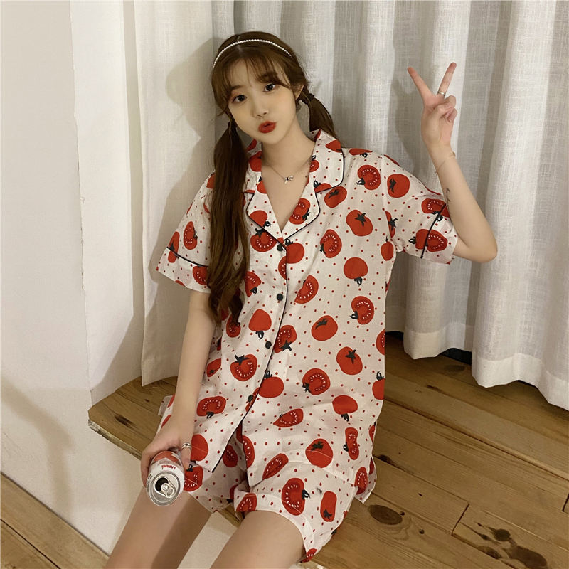 Real price girl sweet fashion cardigan pajamas + high waist loose wide leg Shorts PAJAMAS