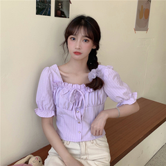 Real price ~ minority pleated lace up square neck fashion bubble sleeve short open navel short sleeve
