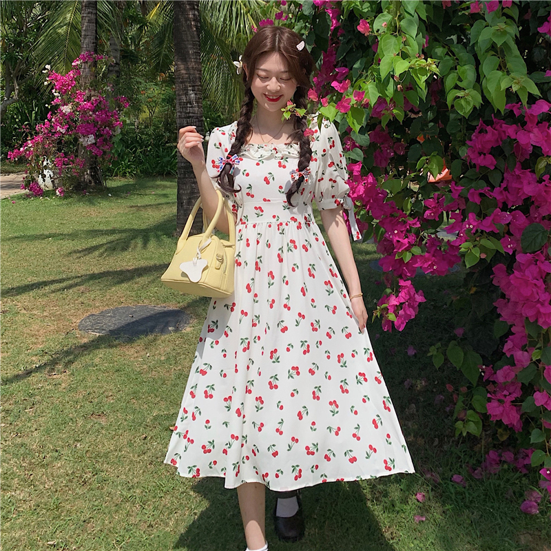 Real price ~ summer sweet cherry skirt children's French ear edge super fairy lace up dress