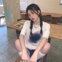 Real price ~ summer personalized halo dye spray printing T-shirt loose letter casual top female