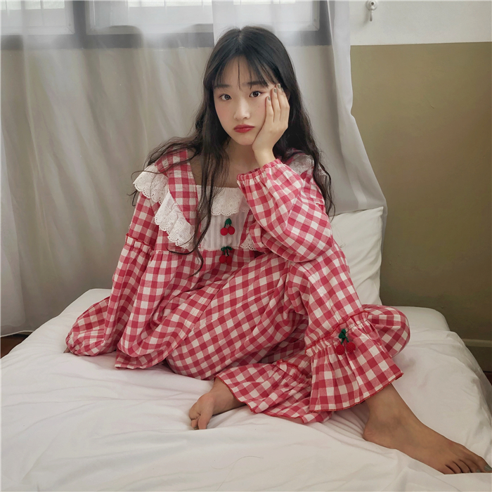 Korean version sweet and lovely lattice Princess pajamas suit