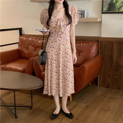 Real price ~ French Chic bow square neck floral skirt retro sweet bubble sleeve dress