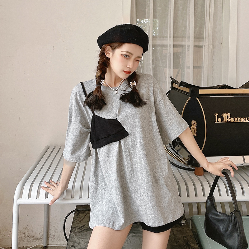 Real price ~ foreign style ins niche design sense color contrast stitching irregular loose fashion T-shirt