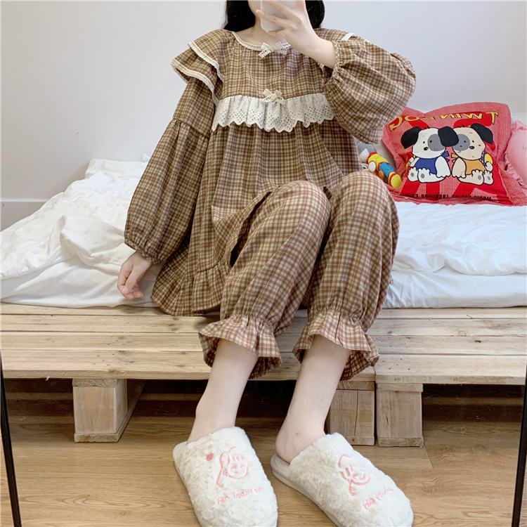 Real price ~ simple chic Plaid pajamas suit loose casual retro two piece set