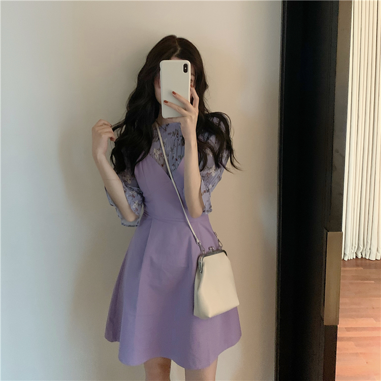 Real price ~ French retro waist strap dress + short sleeve Floral Chiffon Top