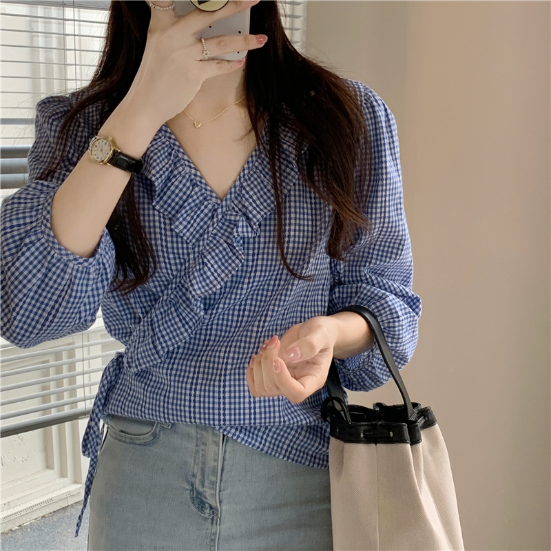 Real price ~ Korean chic fashionable Plaid Shirt women's Ruffle V-Neck long sleeve versatile top