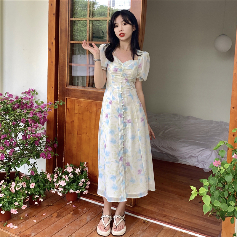 Real price ~ French sweet slim floral dress with split breasted pleated square collar and buttocks