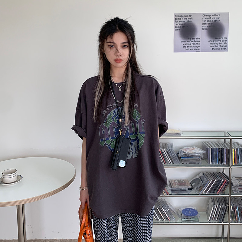 Real price ~ Korean version ins retro printing T loose Slouchy drooping feeling thin medium long short sleeve