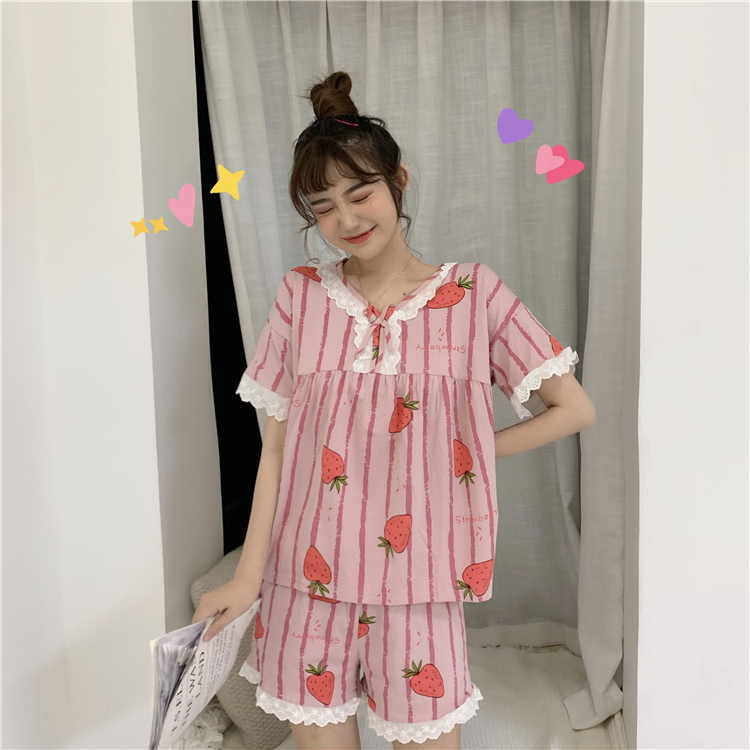 Strawberry printing bow short sleeve shorts loose sweet Pajamas Set