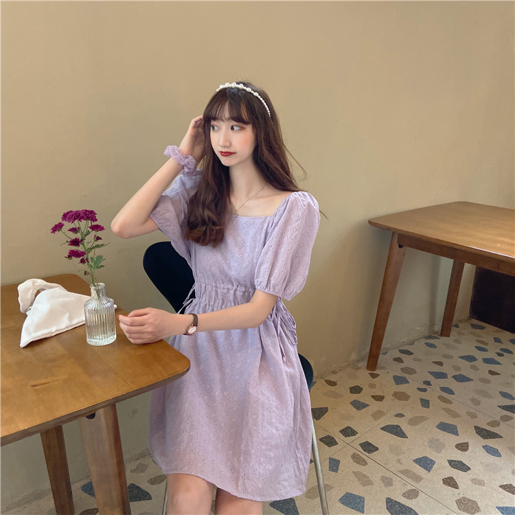 Real price ~ super sweet design feeling hollow out pattern lace up waist square neck dress