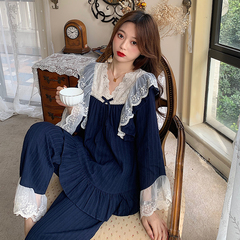 Real price ~ retro personalized stitching mesh nightdress bow casual loose pajamas suit