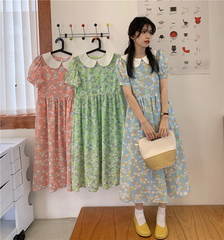 Real auction real price ~ summer chic waist flower skirt female sweet baby collar age reducing short sleeve dress