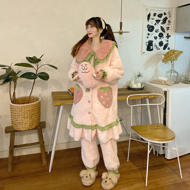 Real price ~ autumn sweet bow Nightgown Plush strawberry pajamas two piece set