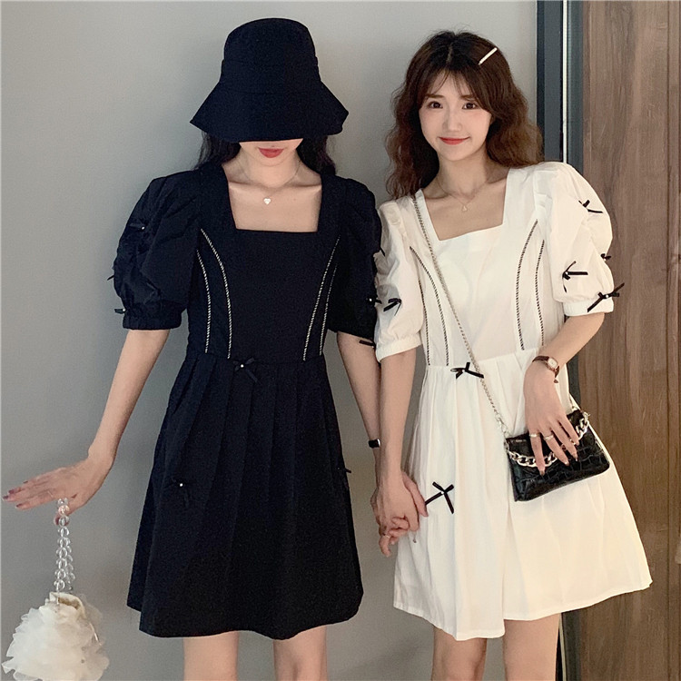 Real shot real price ~ foreign style design sense three dimensional bow temperament fashionable square collar dress