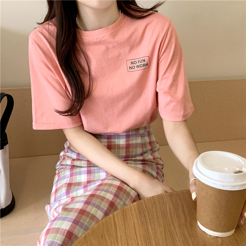 Real price ~ summer casual small letter T-Shirt Top + Plaid slim bag hip skirt suit