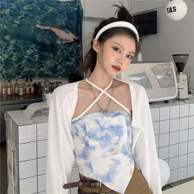 Real price ~ lace up cardigan + tie dye bra scarf women's slim Sling Dress Set