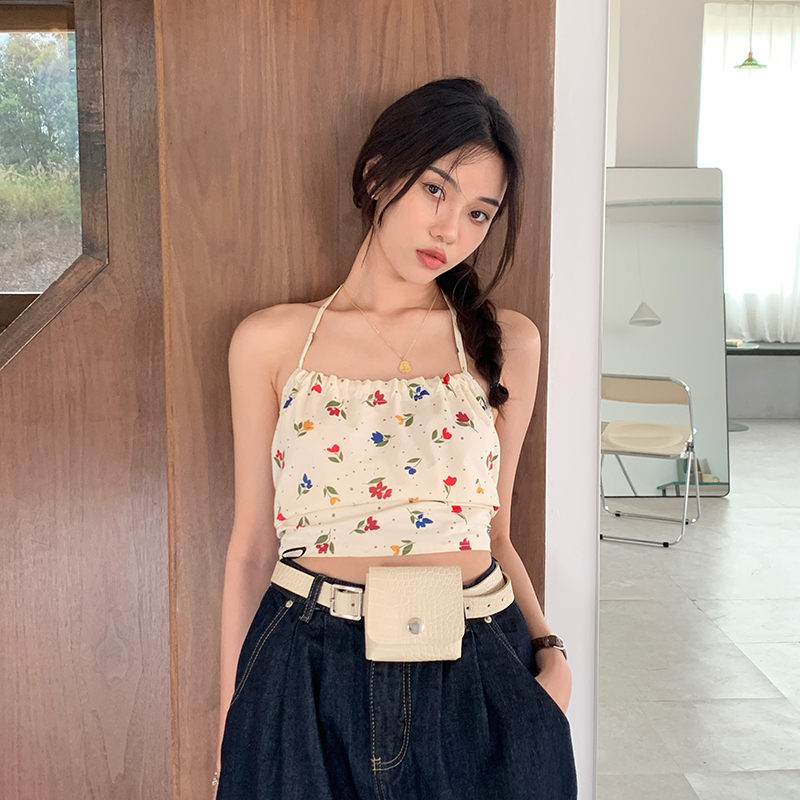 Real price ~ western style retro flower suspender hanging neck type open back bandage vest female