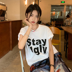Real price ~ western style simple character letter T-shirt loose and lazy style shoulder half sleeve girl