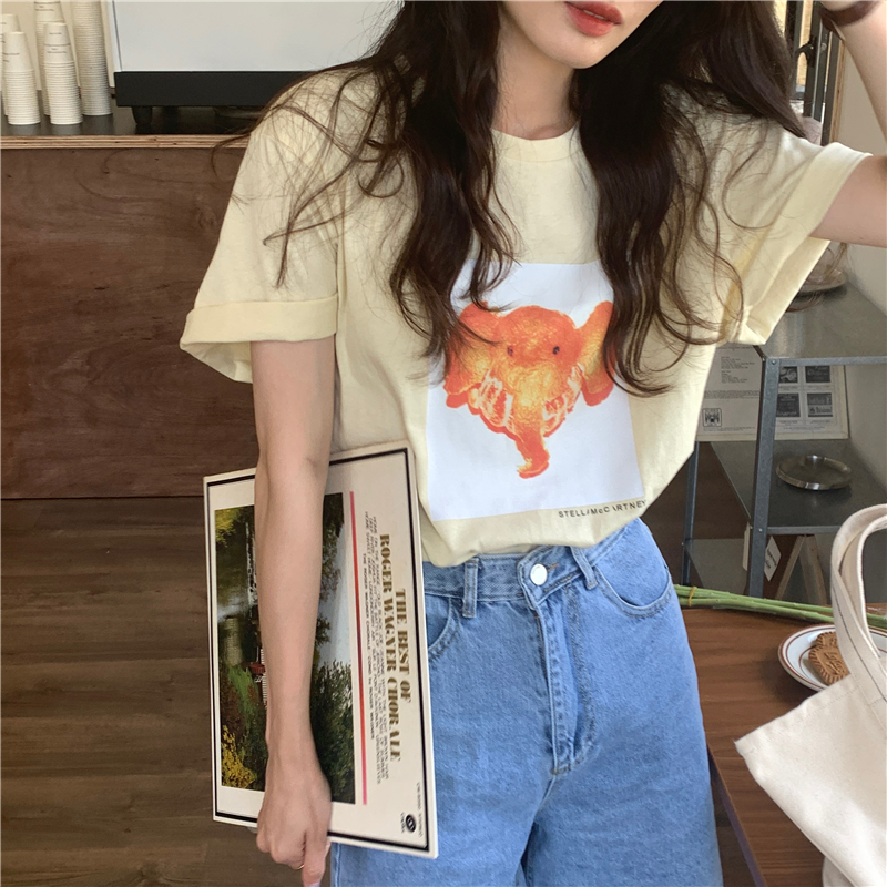 Real price ~ foreign style fun print T-shirt loose and simple style leisure lazy half sleeve top