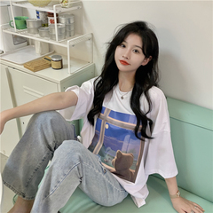 Real price ~ foreign style ins "lonely bear" print t languid style leisure medium length sleeve girl