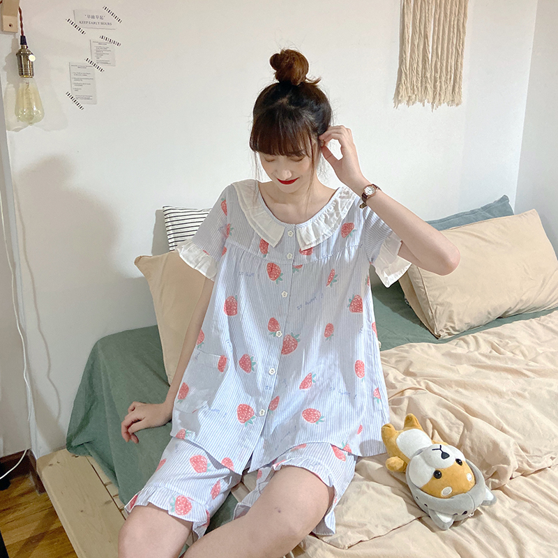 Real price ~ 2021 summer sweet strawberry pajamas suit loose casual home nightdress