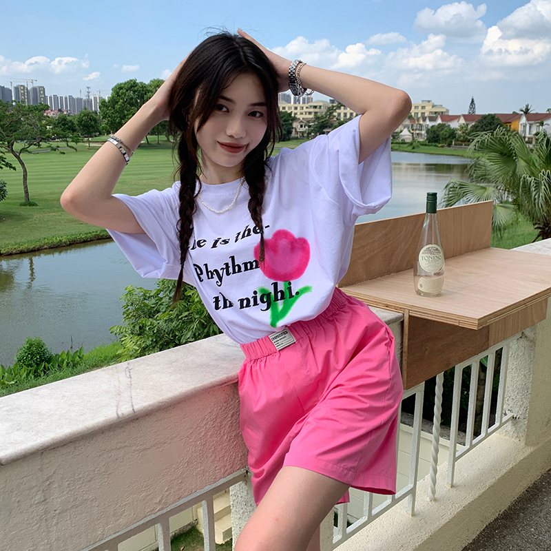 Real price ~ South Korean ins new trend flower letter T-shirt women loose rose red casual shorts
