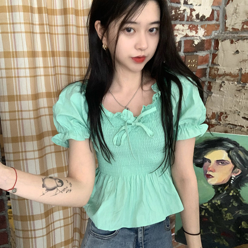 Real price ~ western style wooden ear shirt women's pleated lace up Bubble Sleeve Jacket