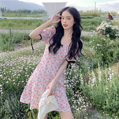 French sweet floral dress women's foreign style contrast lace up short sleeve dress