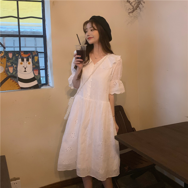 Real photo real price Korean version Fairy Doll collar, gorgeous lace middle skirt, fashionable high waist and thin character skirt