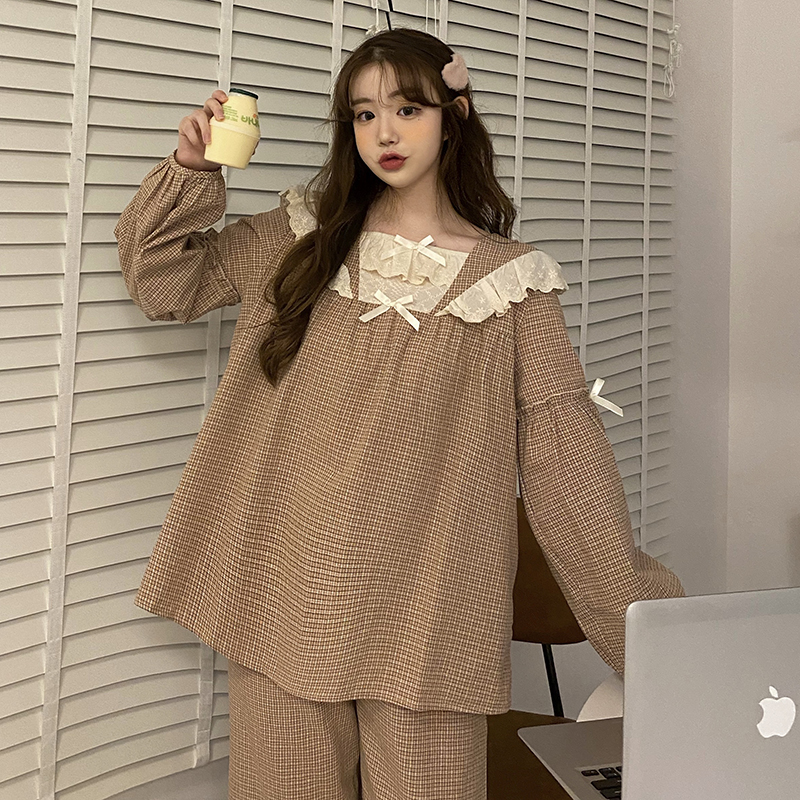 Real price ~ Vintage embroidered bow pajamas loose Plaid simple two piece home suit