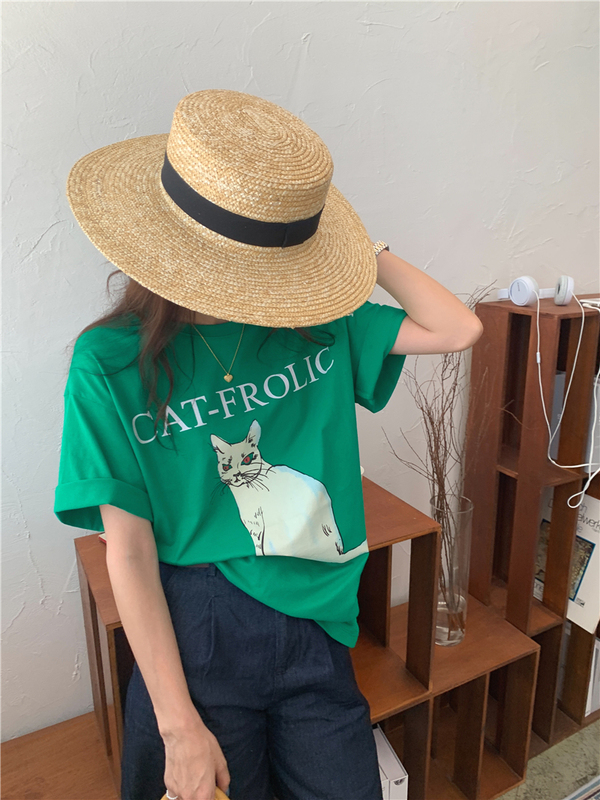 Real price ~ foreign style ins fashion cat print T-shirt loose and lazy wind drape feeling top girl