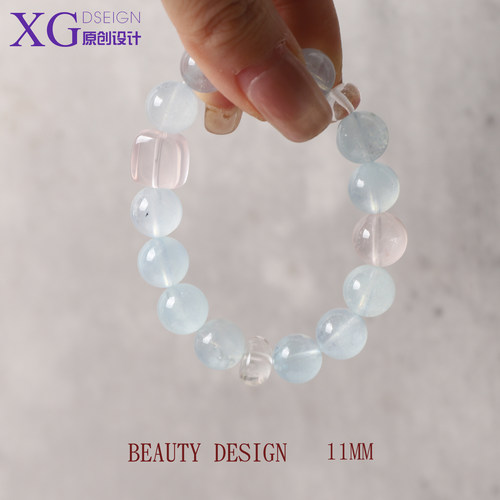 天然蓝粉双色海蓝宝圆珠手串