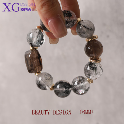 16m黑金配色黑闪灵钻茶水晶手串