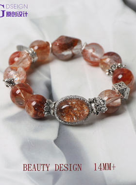 14m冰透红胶花新年红色系天然水晶复古手链女小众设计金属装饰