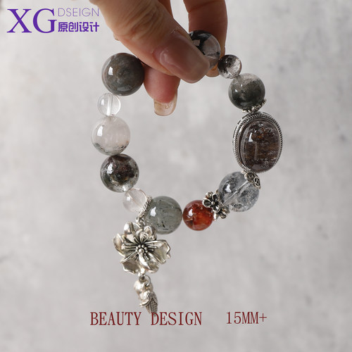 天然水晶绿幽灵红胶花黑闪灵手链