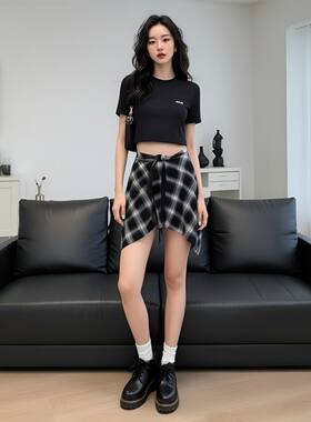 夏秋搭配神器屁帘格子屁帘女彩色新款一片装饰系带半身裙衬衫短裙