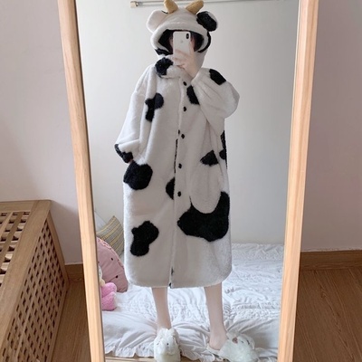 ins风可爱奶牛女生睡袍睡衣女冬季法兰绒加厚卡通连帽学生家居服