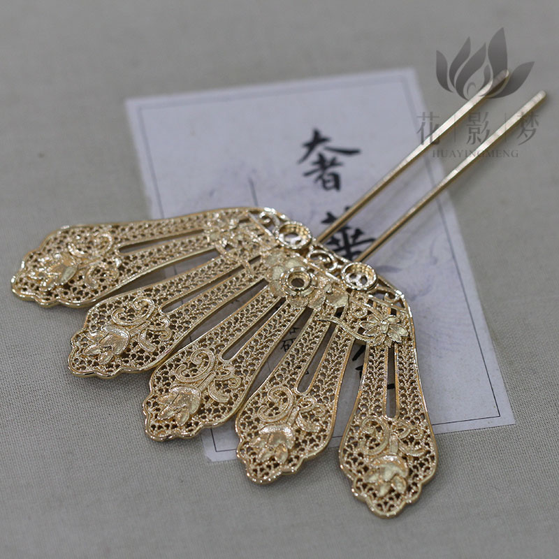 黄铜铸铜莲花冠桥梁簪发钗仿古复刻*花影梦发簪发饰头饰diy配件