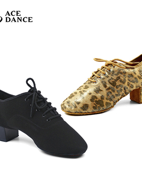 ACEdance瑰意女士成人拉丁舞教师鞋软底黑色牛津布两点底豹纹FB-1