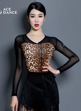 ACE dance拉丁舞女成人摩登舞网纱拼接短袖长袖上衣练功服SY278