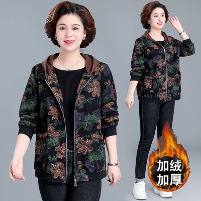 妈妈秋装印花外套连帽褂子
