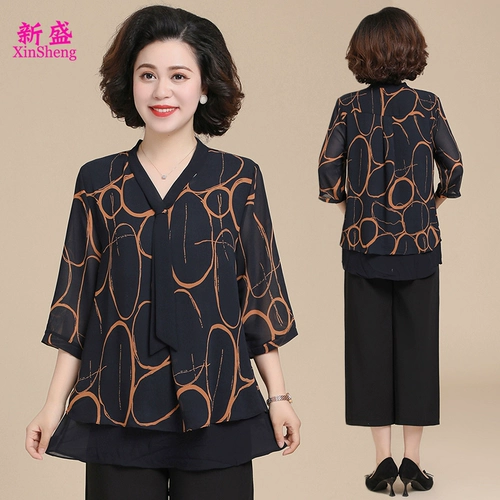 Летняя приятная телу шифоновая рубашка для матери, 2021 года, V-образный вырез, большой размер